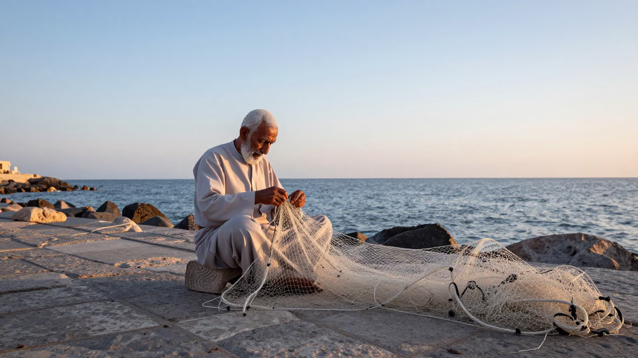 Nautical Dawn in Muscat Oman Fisherman Mending Nets Near Coastal Stone Architecture in in Muscat, Oman