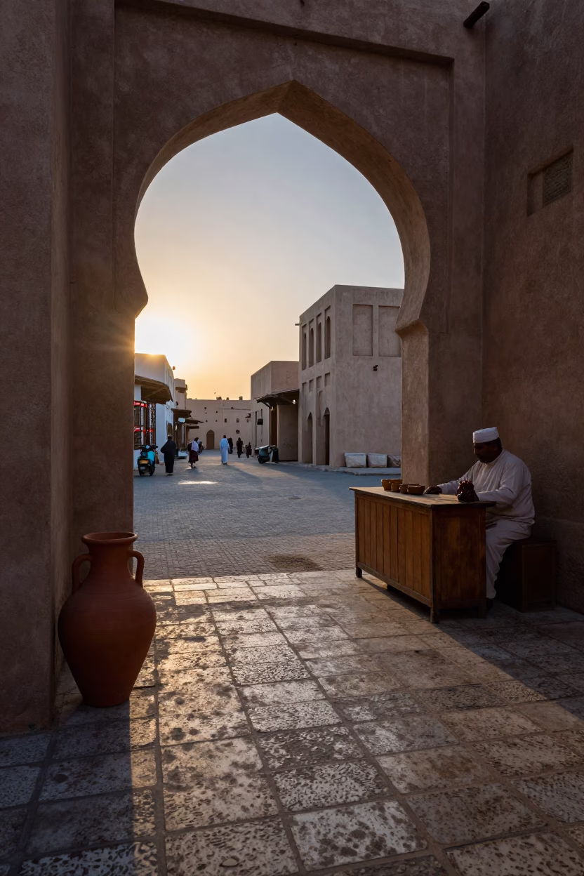 Nautical Dawn in Muscat Oman Street Scene with Clay Pot and Glass in in Muscat, Oman
