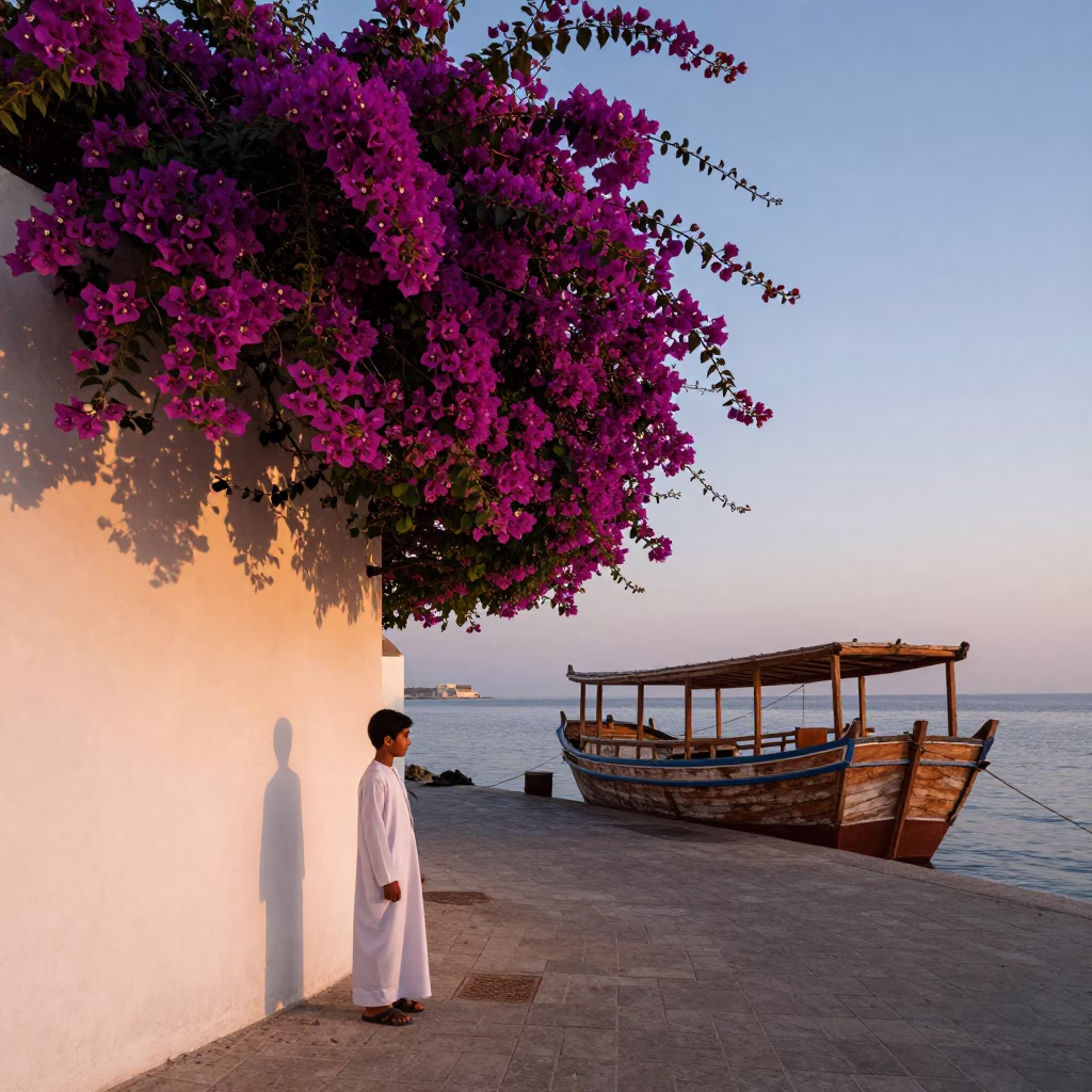 Nautical Dawn in Muscat Oman with Bougainvillea and Traditional Dhow in in Muscat, Oman