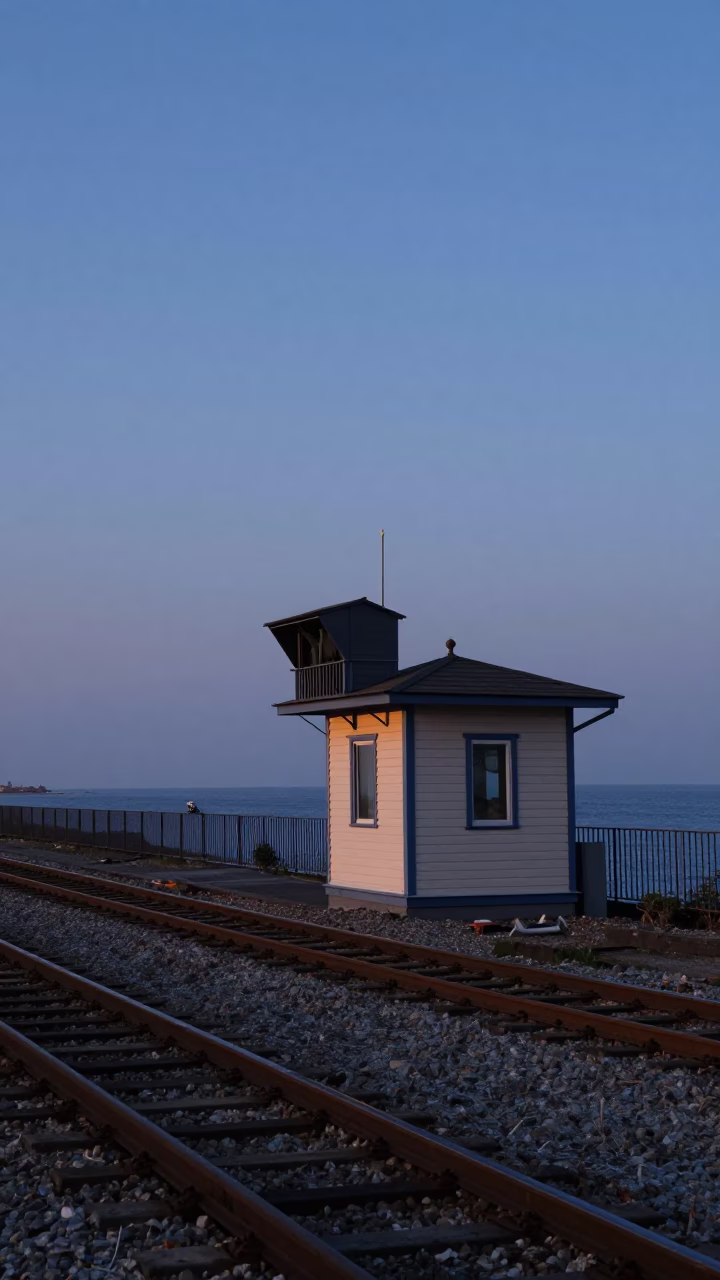 Nautical Dawn in Naples Italy Railway Signal Cabin Beside Switch Tracks in in Naples, Italy