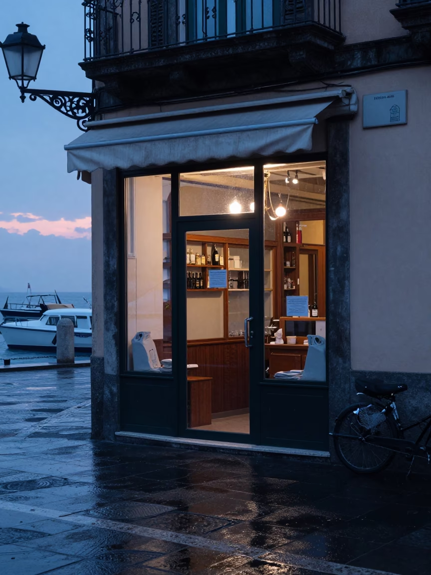 Nautical Dawn in Naples Italy Street Scene with Clear Glass Doorframe in in Naples, Italy