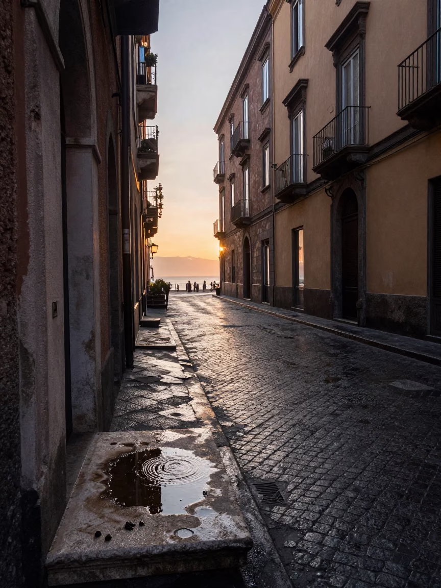 Nautical Dawn in Naples Italy Street Scene with Water Rings on Sill in in Naples, Italy