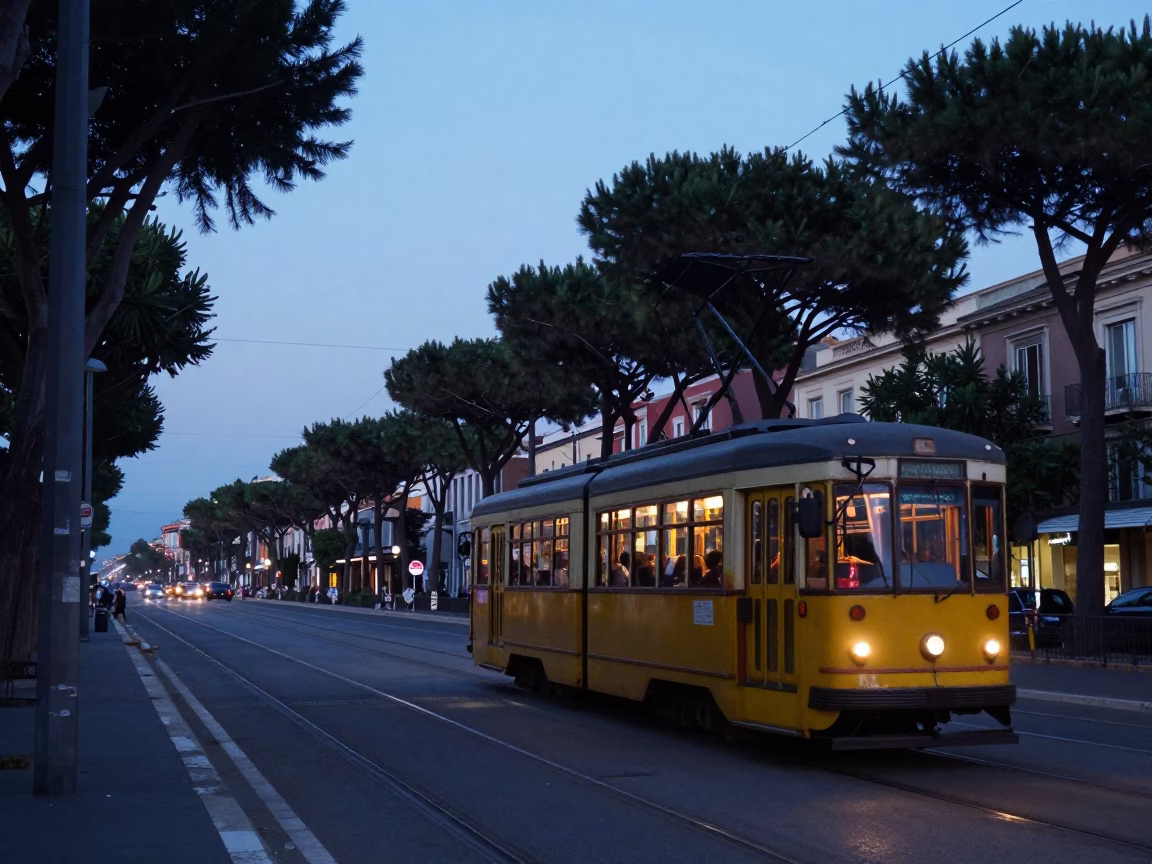 Nautical Dawn in Naples Italy Tram Car on Tree Lined Boulevard with Coastal Light in in Naples, Italy