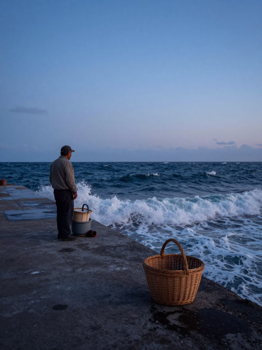 Nautical Dawn in Naples Italy with Fisherman and Wicker Basket in in Naples, Italy