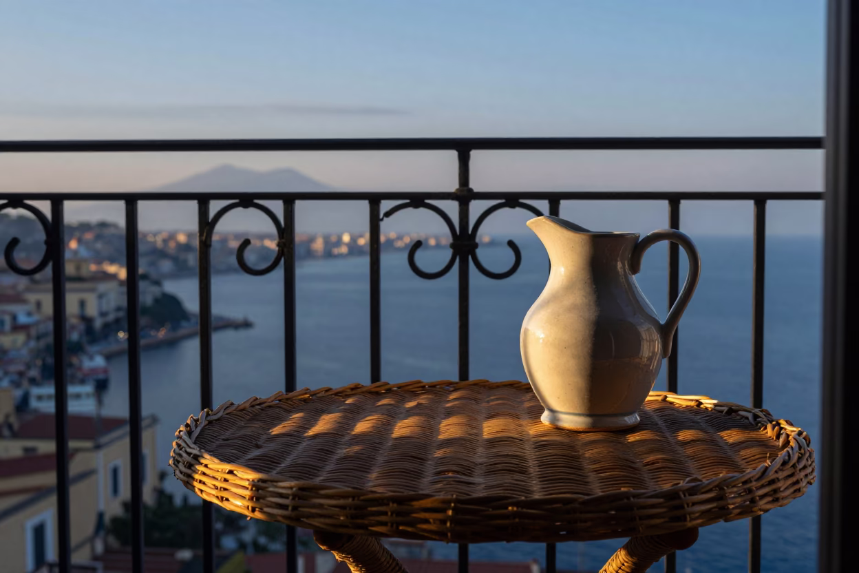 Nautical Dawn in Naples Italy with Wicker Shadows on Tabletop and Pitcher in in Naples, Italy