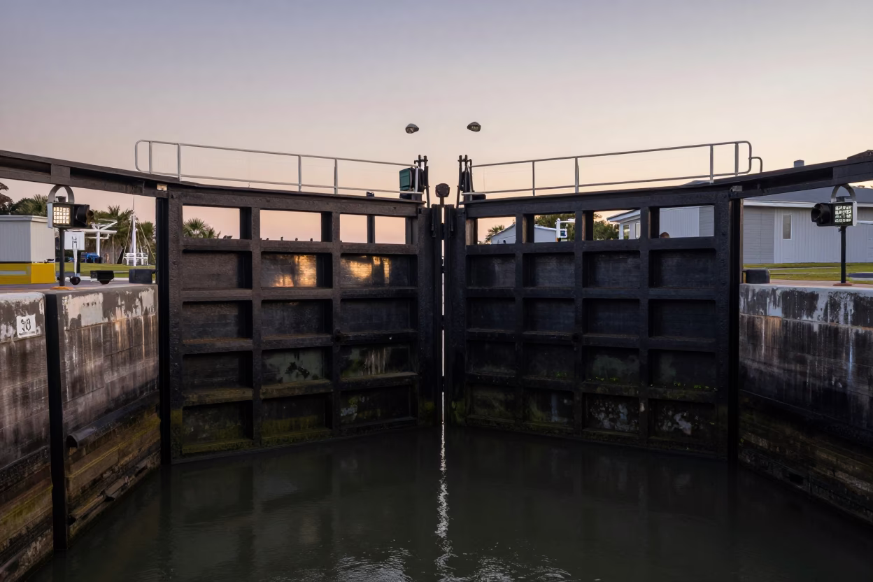 Nautical Dawn in New Orleans Canal Lock Gate Closing on Still Green Water in in New Orleans, Louisiana, United States