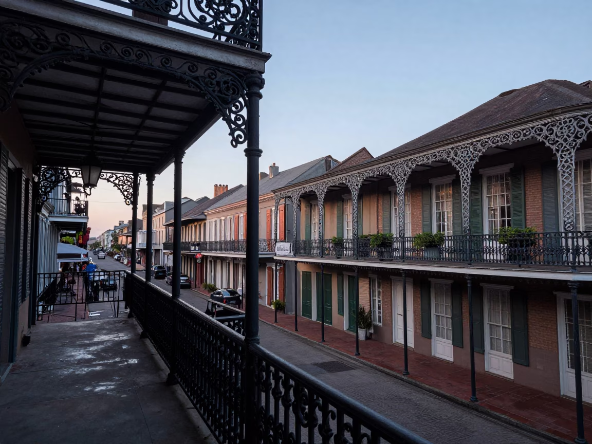 Nautical Dawn in New Orleans French Quarter Iron Balconies and Street Life in in New Orleans, Louisiana, United States