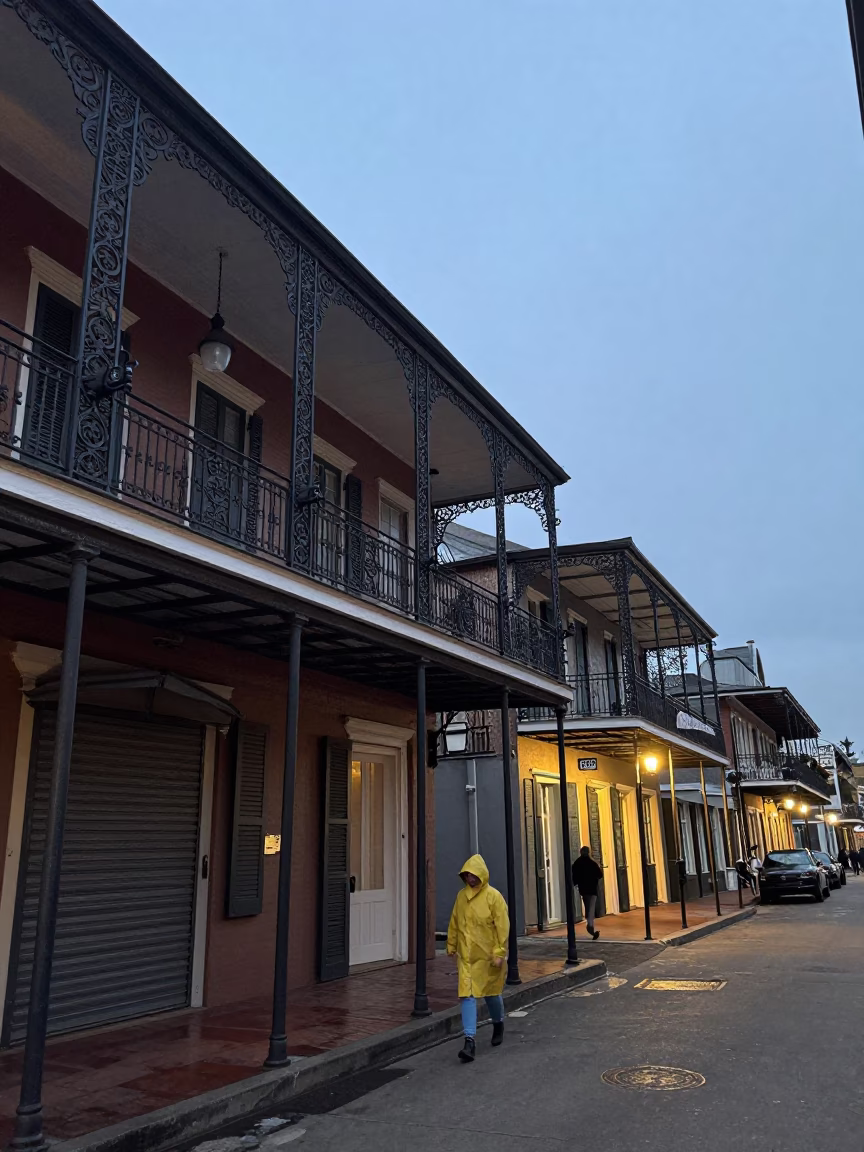 Nautical Dawn in New Orleans French Quarter Street Scene with Balconies in in New Orleans, Louisiana, United States
