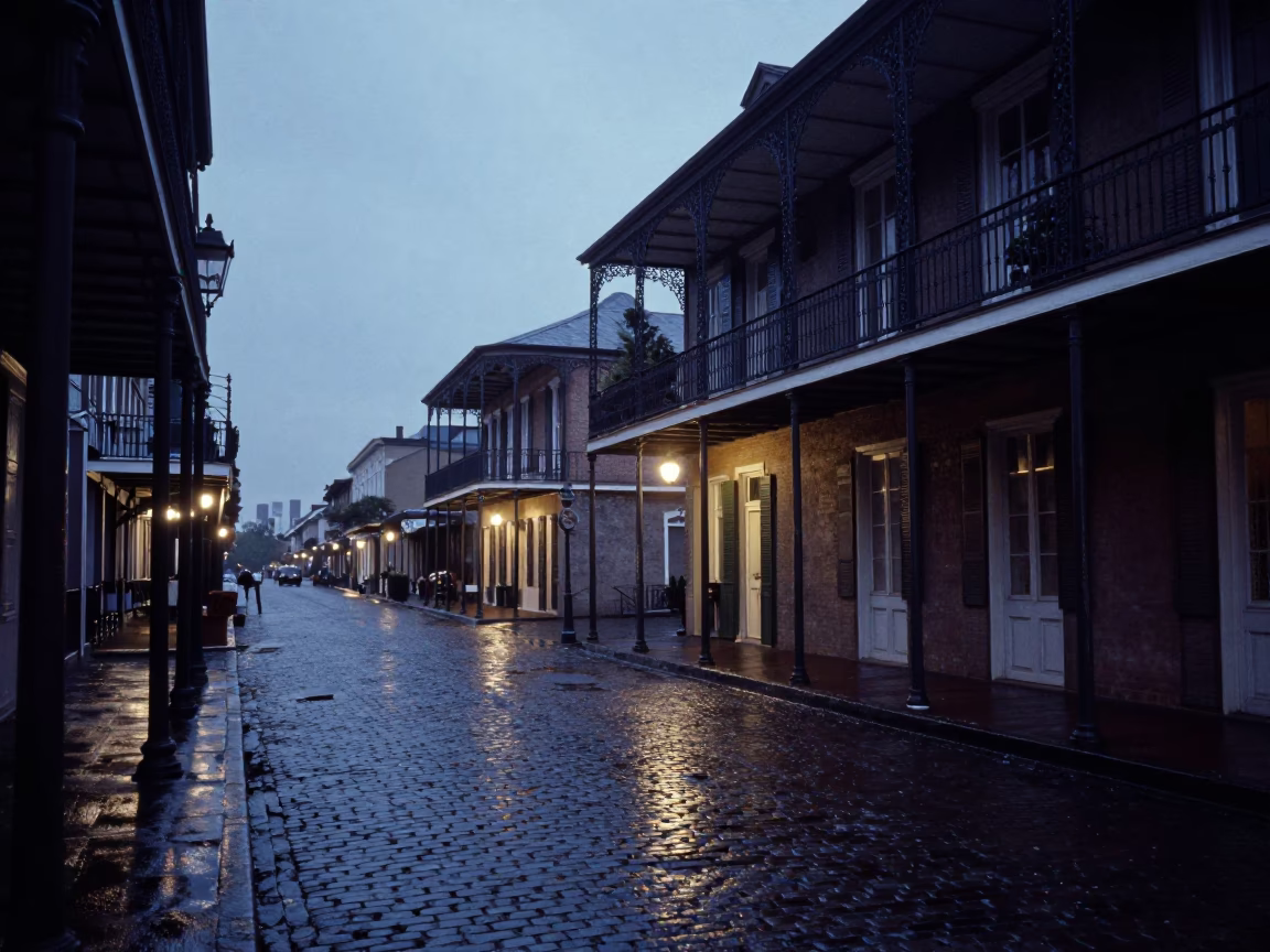 Nautical Dawn in New Orleans French Quarter Street with Iron Balconies and Wet Pavement in in New Orleans, Louisiana, United States