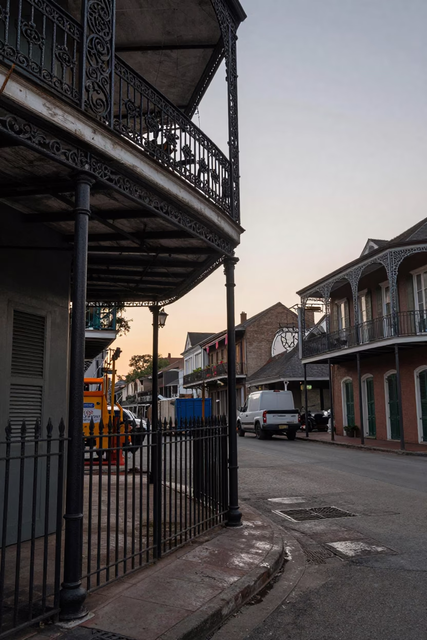 Nautical Dawn in New Orleans Street Scene with Construction Gate and Steam in in New Orleans, Louisiana, United States