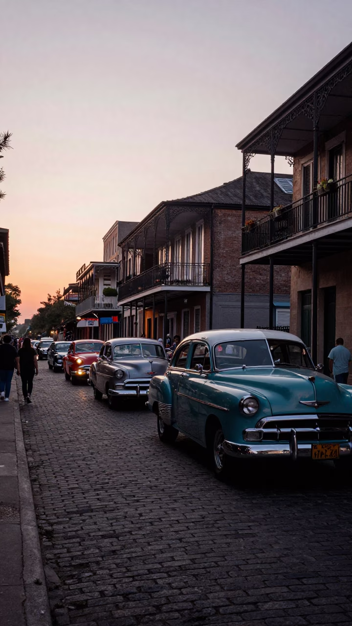 Nautical Dawn in New Orleans Street Scene with Vintage Car Rally Participants in in New Orleans, Louisiana, United States