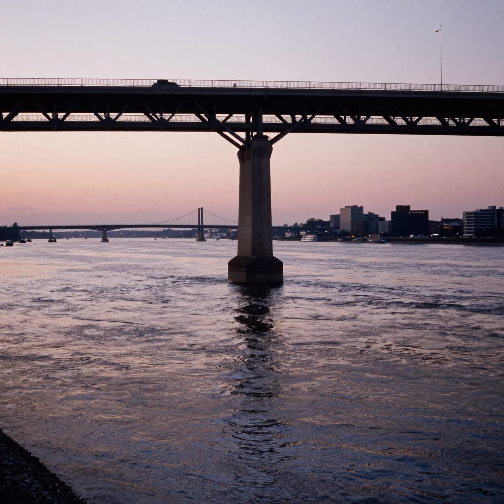 Nautical Dawn in New Orleans with Swirling River Water and Bridge Pier in in New Orleans, Louisiana, United States