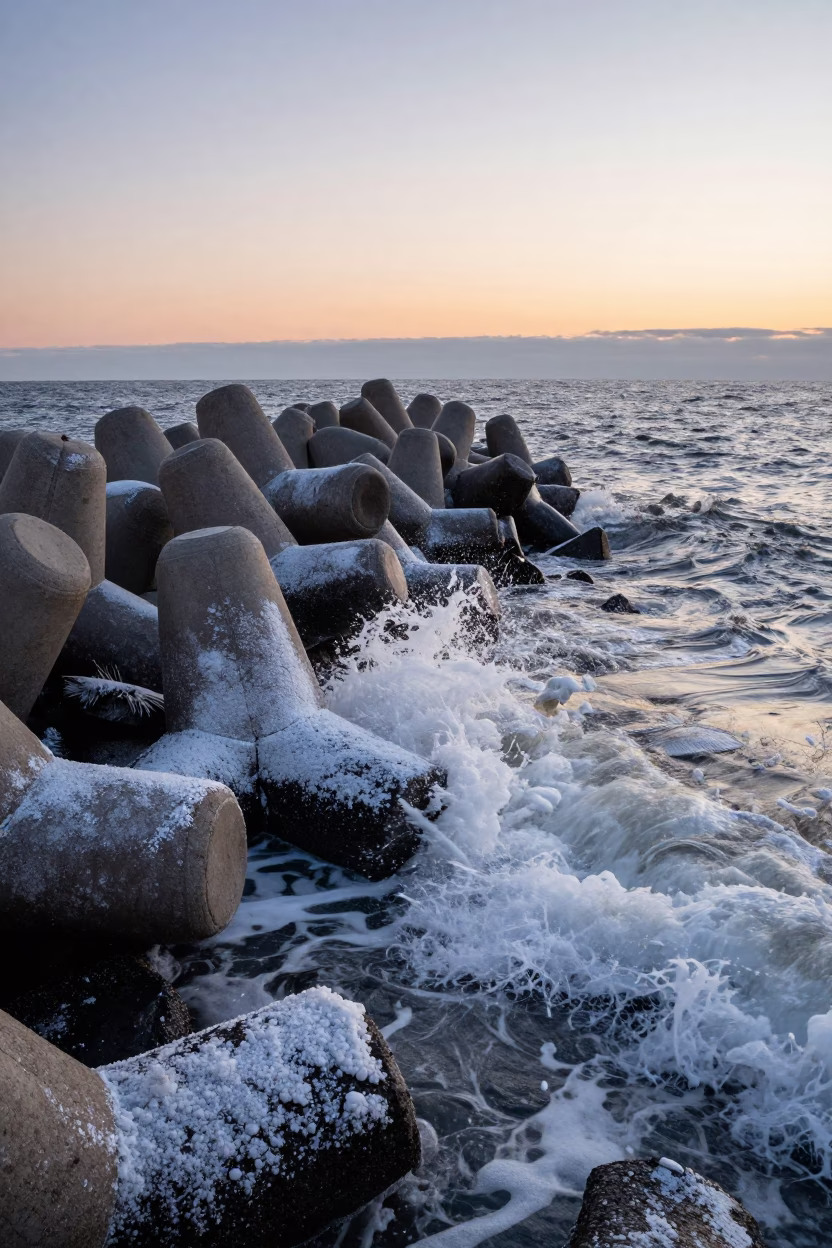 Nautical Dawn in New York Harbor Breakwater Tetrapods and Winter Surf Spray in in New York, New York, United States
