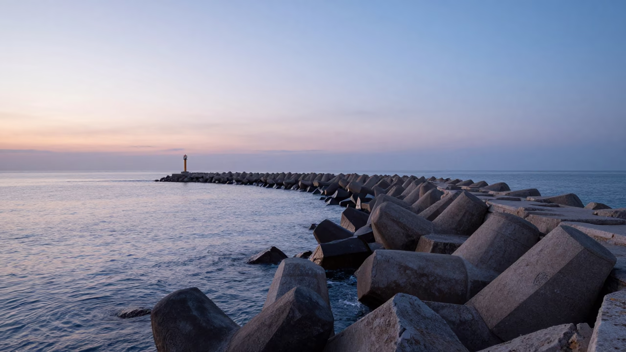Nautical Dawn in Nice France Coastal Breakwater and Warning Beacons Photograph in in Nice, France