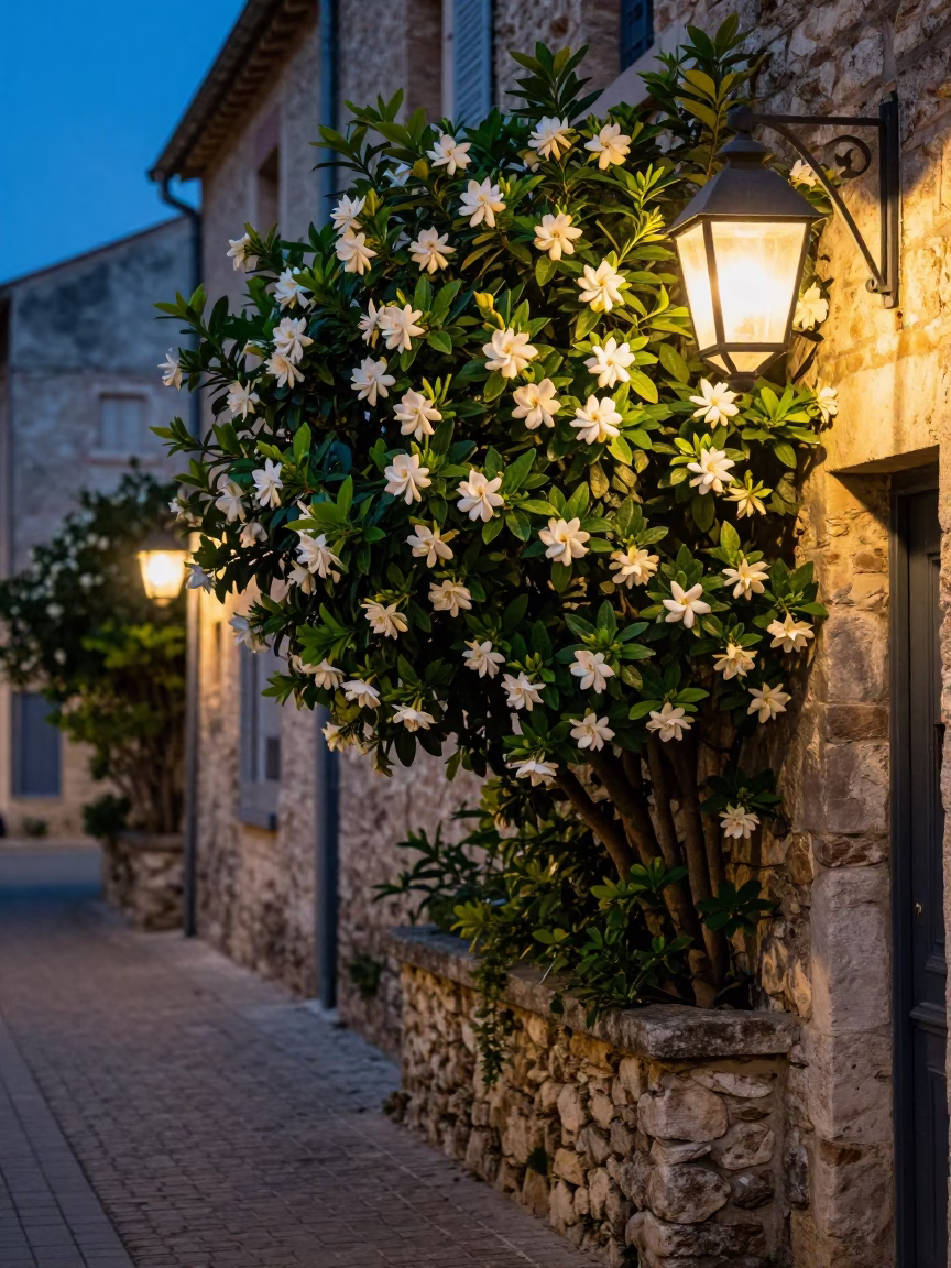 Nautical Dawn in Nice France Lantern Lit Alleyway and Gardenia Bush in in Nice, France