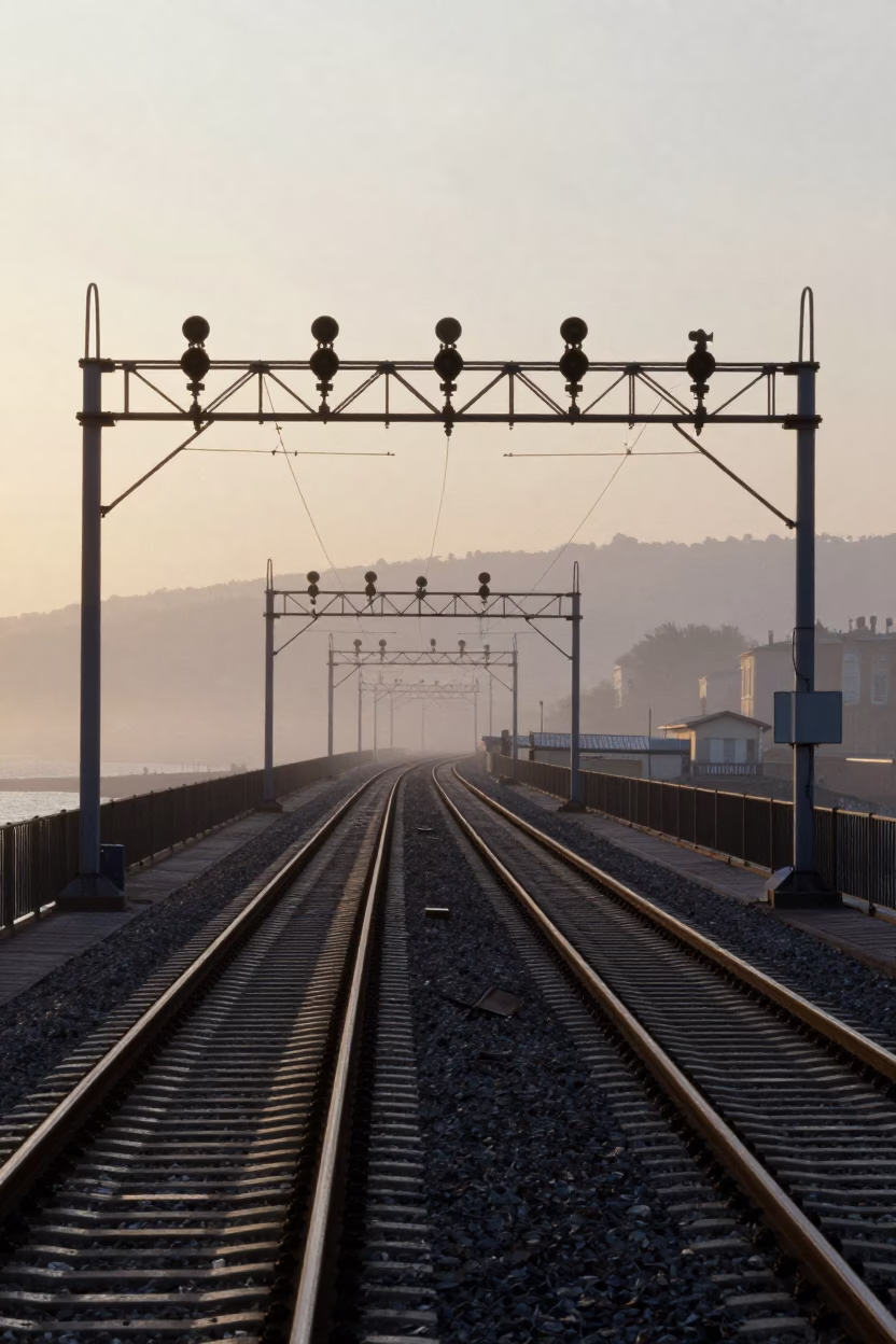 Nautical Dawn in Nice France Signal Gantry Above Parallel Rail Lines in Mist in in Nice, France