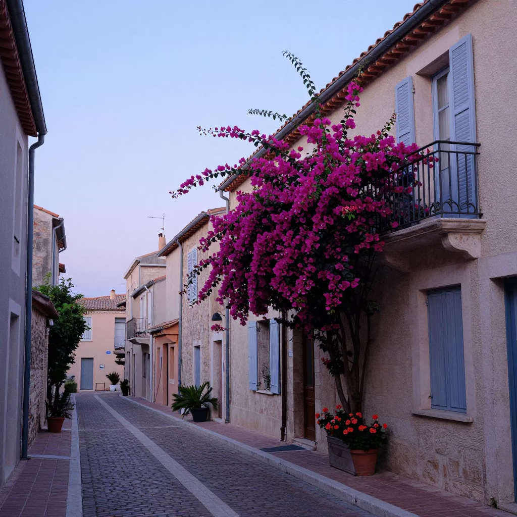 Nautical Dawn in Nice France Street Scene with Bougainvillea and Geraniums in in Nice, France
