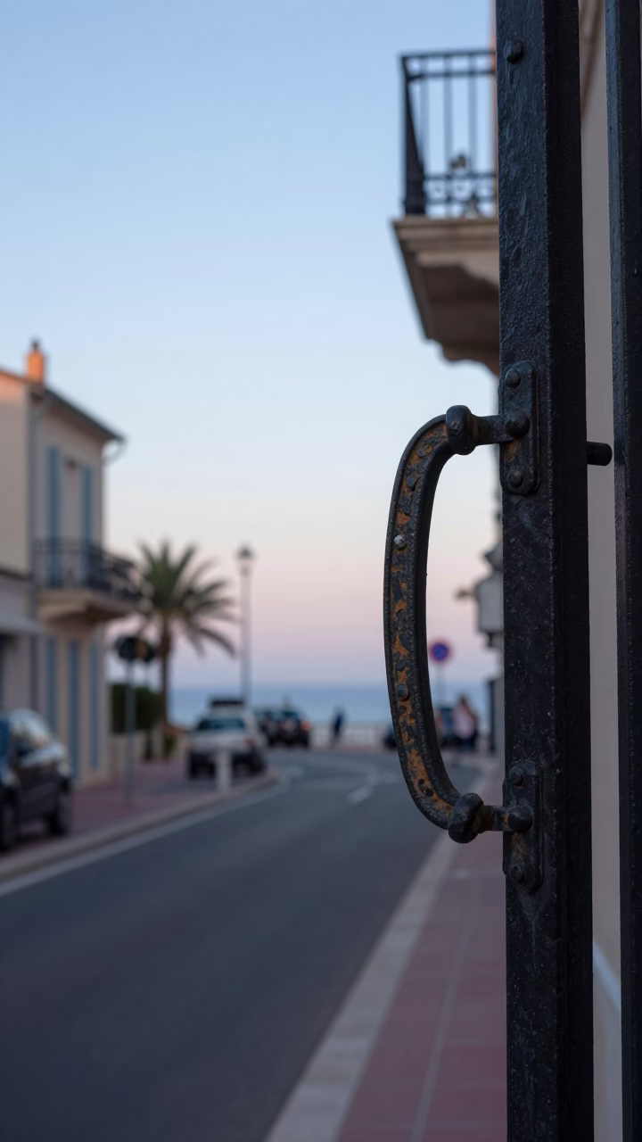 Nautical Dawn in Nice France Street Scene with Gate Handle and Leaf Shadows in in Nice, France
