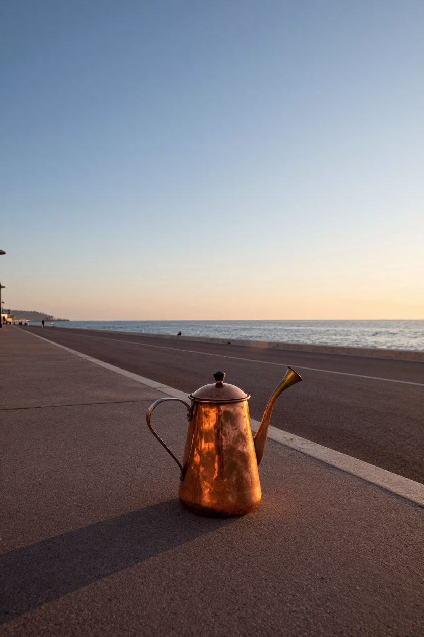 Nautical Dawn in Nice France with Copper Coffee Pot and Brass Plate in in Nice, France