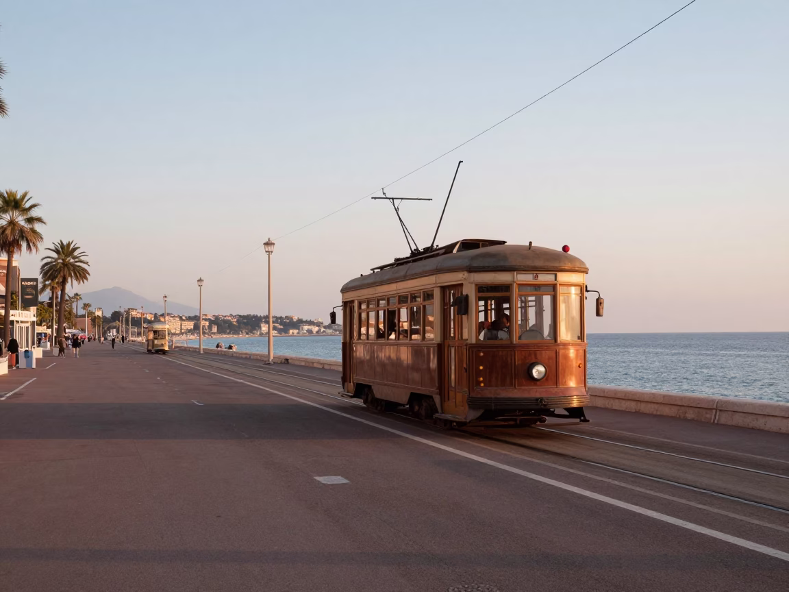 Nautical Dawn in Nice France with Old Tram and Coastal Harbor Scene in in Nice, France