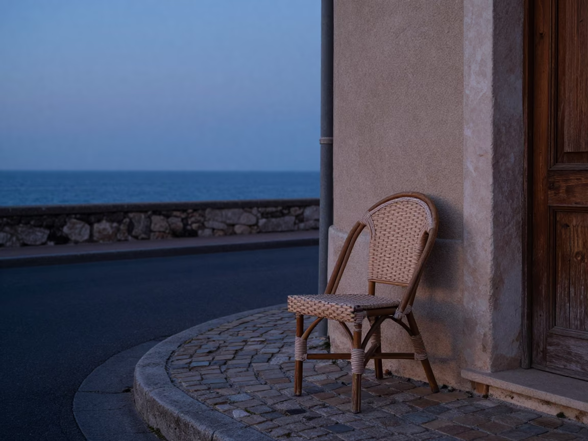 Nautical Dawn in Nice France with Rattan Chair and Coastal Cedar Tree in in Nice, France