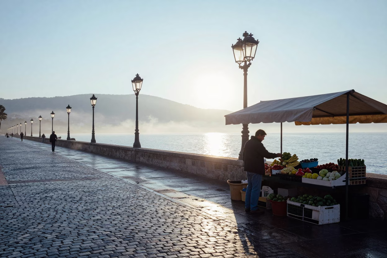 Nautical Dawn in Nice France with Steam Haze and Local Morning Routine in in Nice, France
