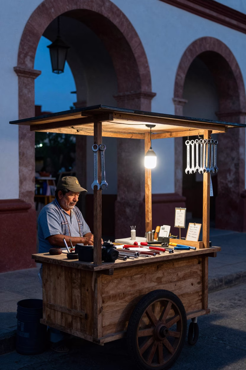Nautical Dawn in Oaxaca City Mexico Market Stall with Socket Wrench and Glass Terrarium in in Oaxaca, Mexico