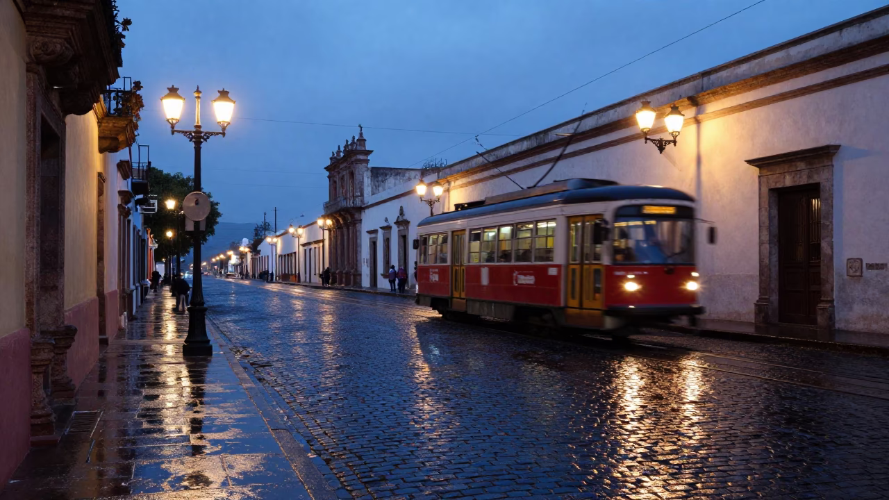 Nautical Dawn in Oaxaca Mexico Street Scene with Cobblestones and Tram Reflection in in Oaxaca, Mexico