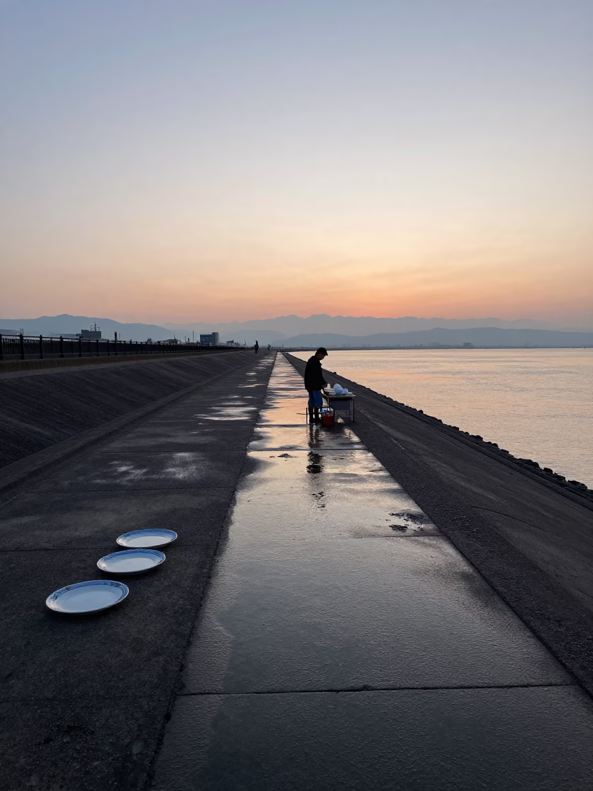 Nautical Dawn in Osaka Japan Revealing Levee Path and Ceramic Plate in in Osaka, Japan