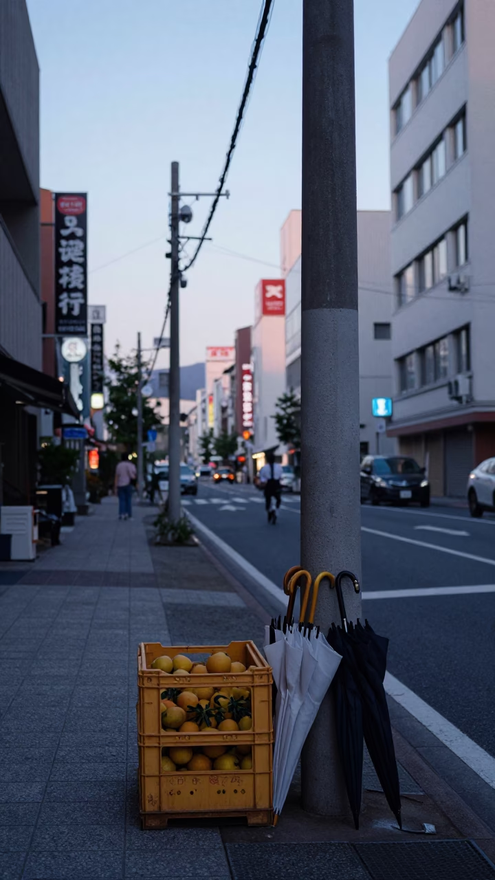 Nautical Dawn in Osaka Japan Street Scene with Fruit Crate and Umbrellas in in Osaka, Japan
