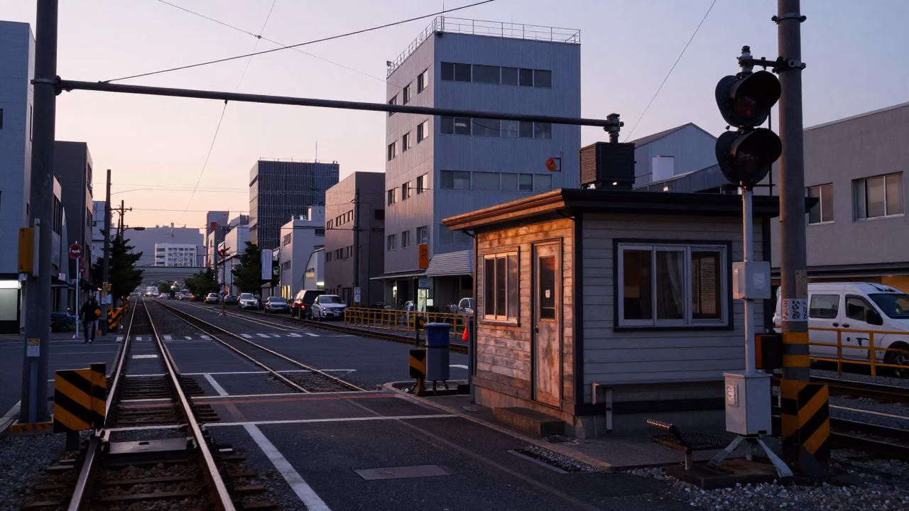 Nautical Dawn in Osaka Japan Street Scene with Railway Signal Cabin and Switch Tracks in in Osaka, Japan