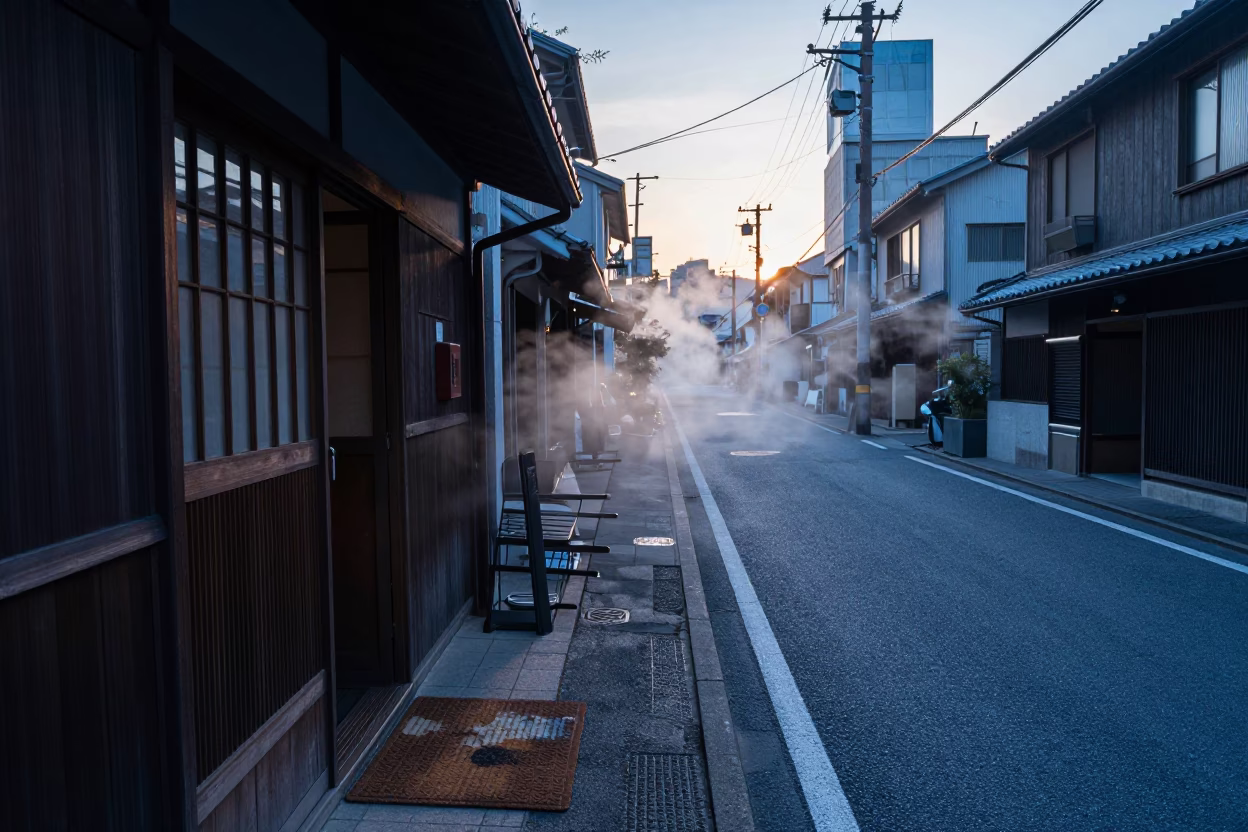 Nautical Dawn in Osaka Japan Street Scene with Steam and Urban Details in in Osaka, Japan
