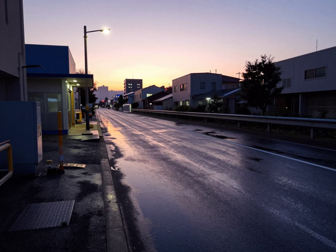 Nautical Dawn in Osaka Japan Substation Road with Oil Sheen Puddle and Street Life in in Osaka, Japan