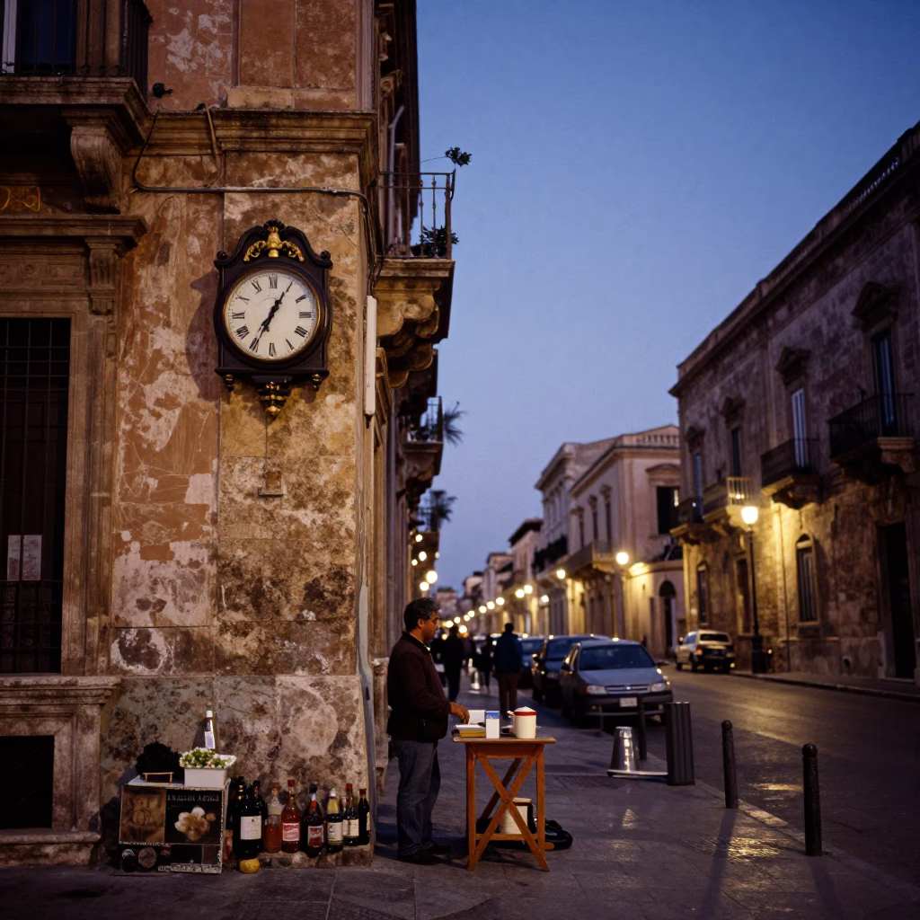 Nautical Dawn in Palermo Italy Street Scene with Chess Clock and Notebook in in Palermo, Italy