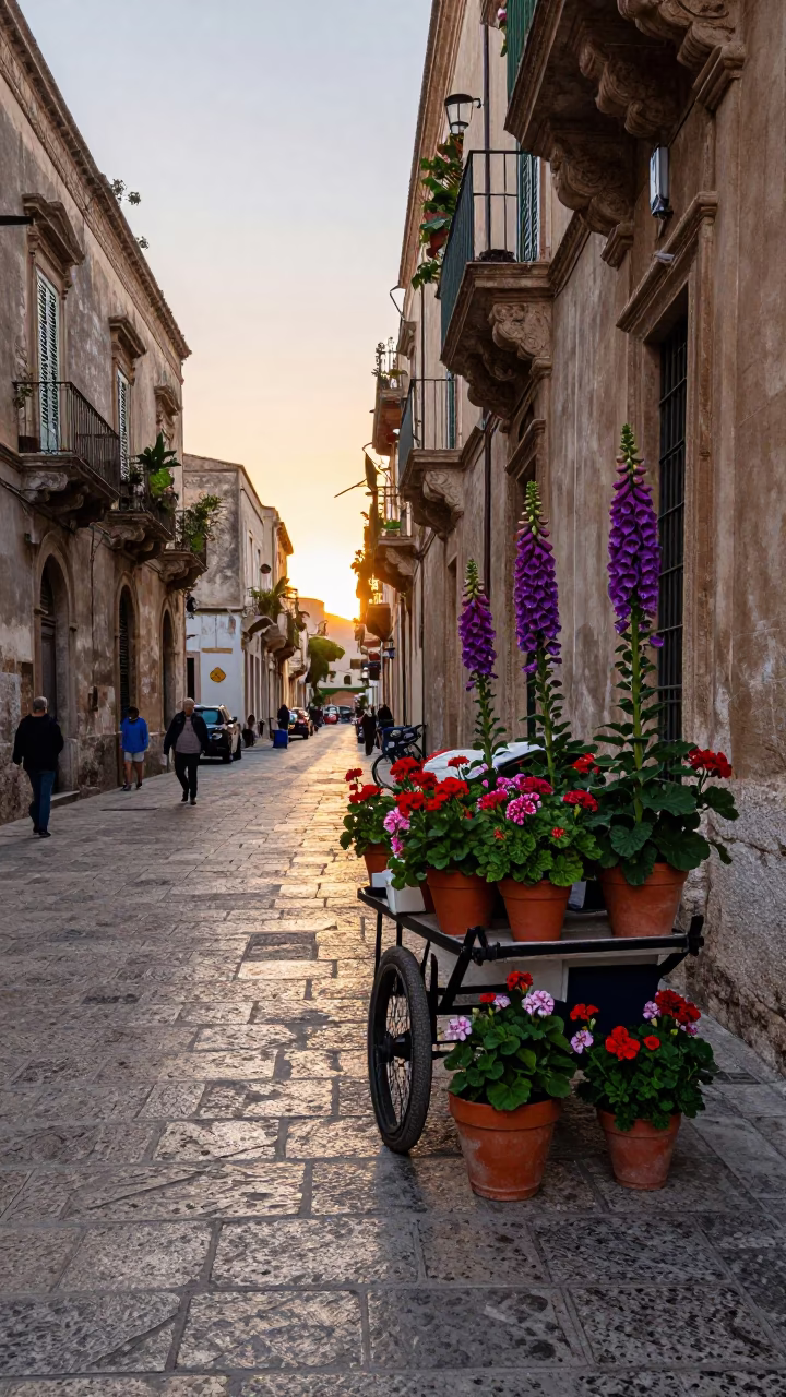 Nautical Dawn in Palermo Italy Street Scene with Foxglove and Geraniums in in Palermo, Italy