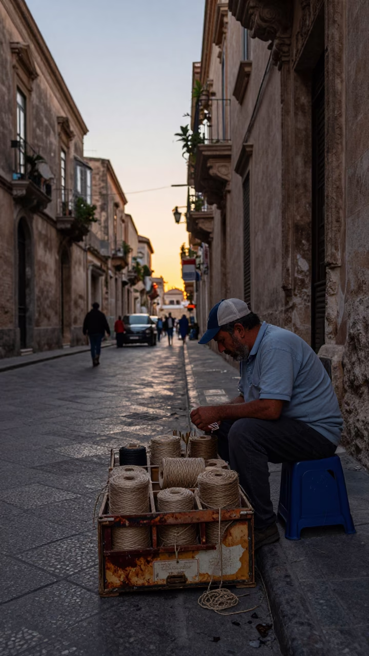 Nautical Dawn in Palermo Italy Street Scene with Shoebox and Twine Fibers in in Palermo, Italy