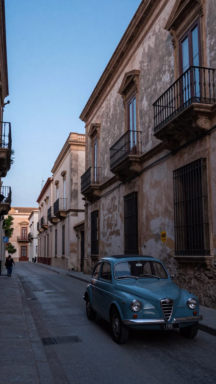 Nautical Dawn in Palermo Italy Street Scene with Vintage Car and Old Building in in Palermo, Italy