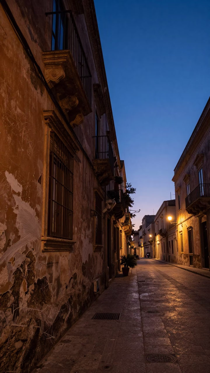 Nautical Dawn in Palermo Italy Street Scene with Window Scratches and Peg Rail Shadows in in Palermo, Italy