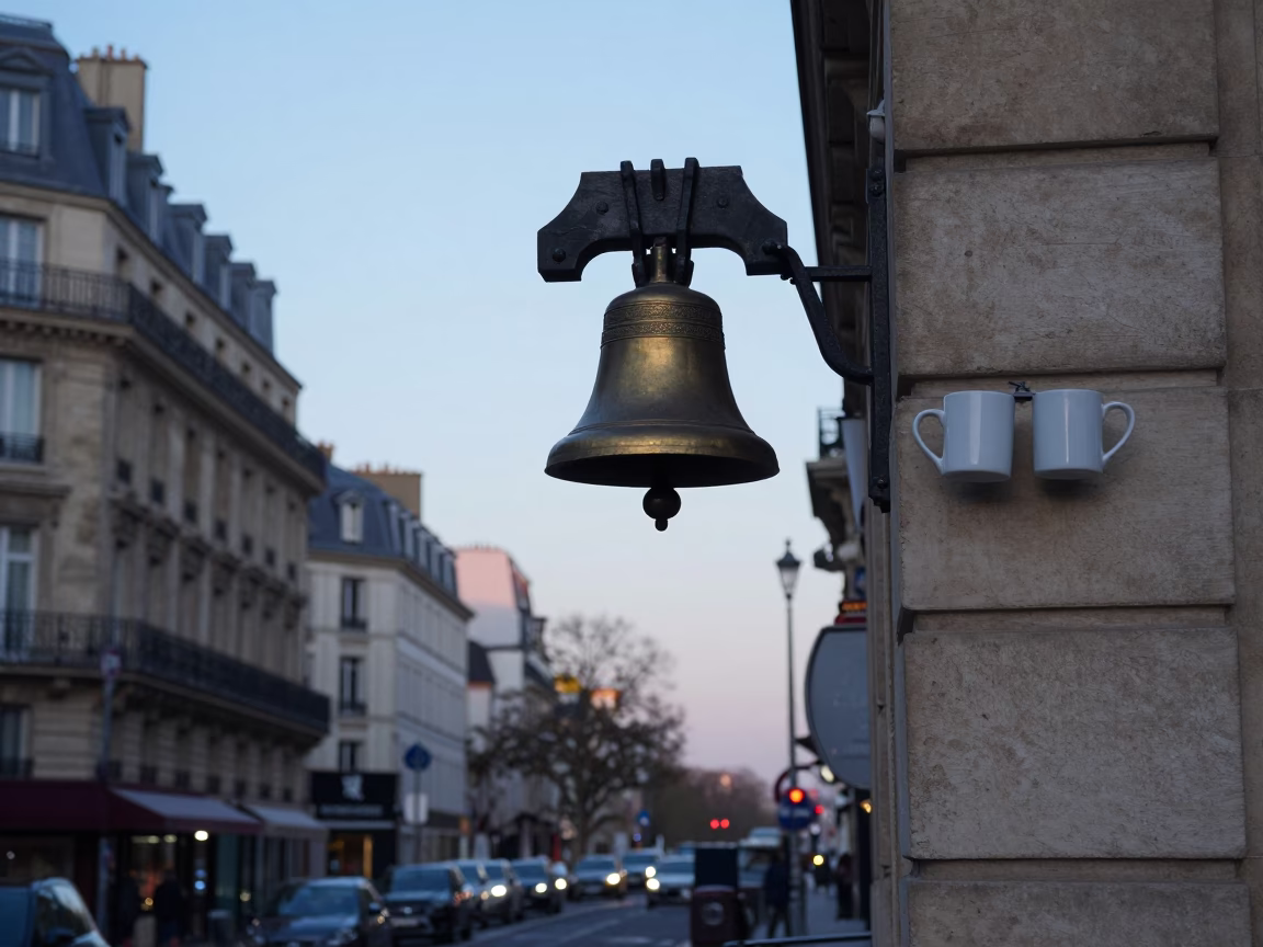 Nautical Dawn in Paris France with Bell and Coffee Mugs in in Paris, France