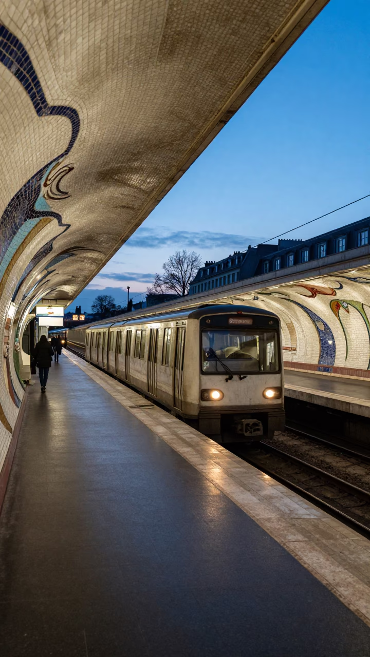 Nautical Dawn in Paris Metro Station with Art Adorned Walls and Arriving Train in in Paris, France