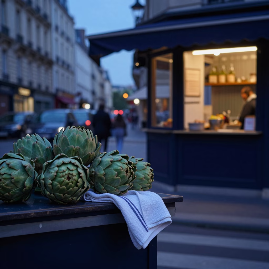 Nautical Dawn in Paris Street Scene with Artichokes and Kitchen Details in in Paris, France