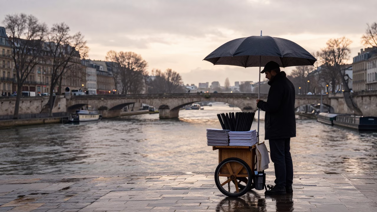 Nautical Dawn in Paris Wet Flagstones and Umbrella Vendor at Eiffel Tower in in Paris, France