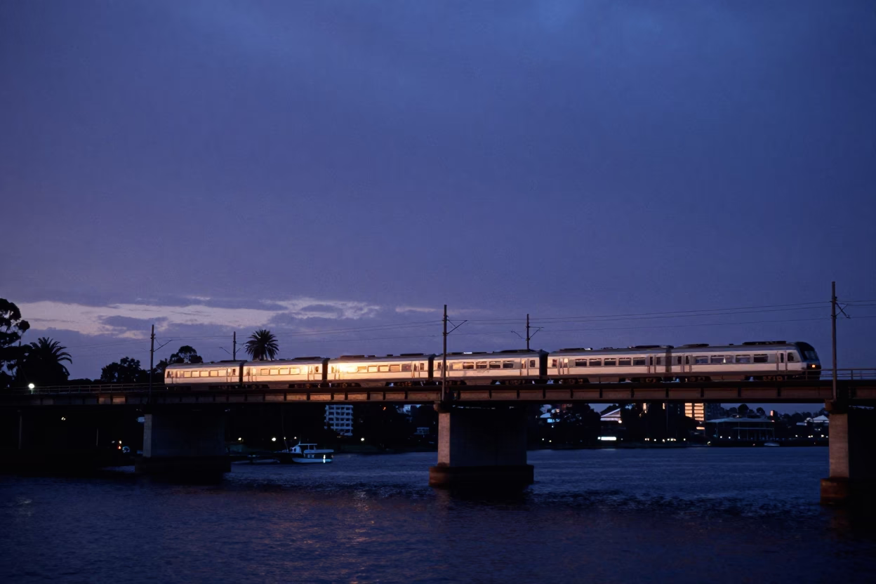 Nautical Dawn in Perth Western Australia with Commuter Train Crossing the Bridge in in Perth, Western Australia, Australia