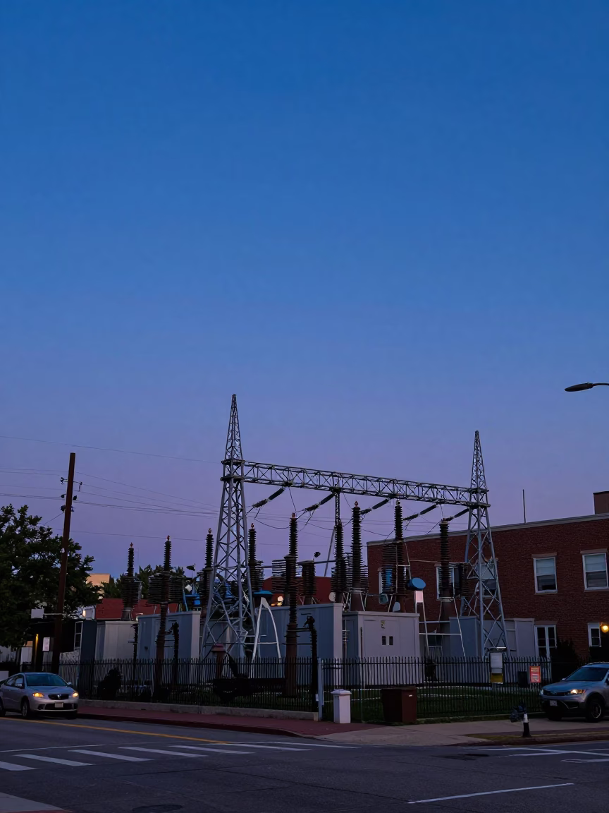 Nautical Dawn in Philadelphia Pennsylvania with Power Substation and Cobalt Sky in in Philadelphia, Pennsylvania, United States