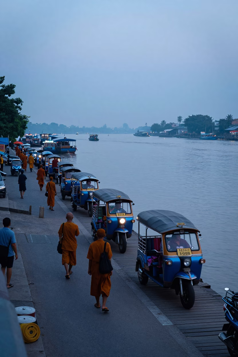 Nautical Dawn in Phnom Penh Cambodia Street Scene with Monks and Traffic in in Phnom Penh, Cambodia