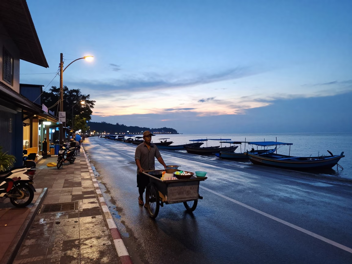 Nautical Dawn in Phuket Thailand Coastal Street Scene with Local Morning Routine in in Phuket, Thailand