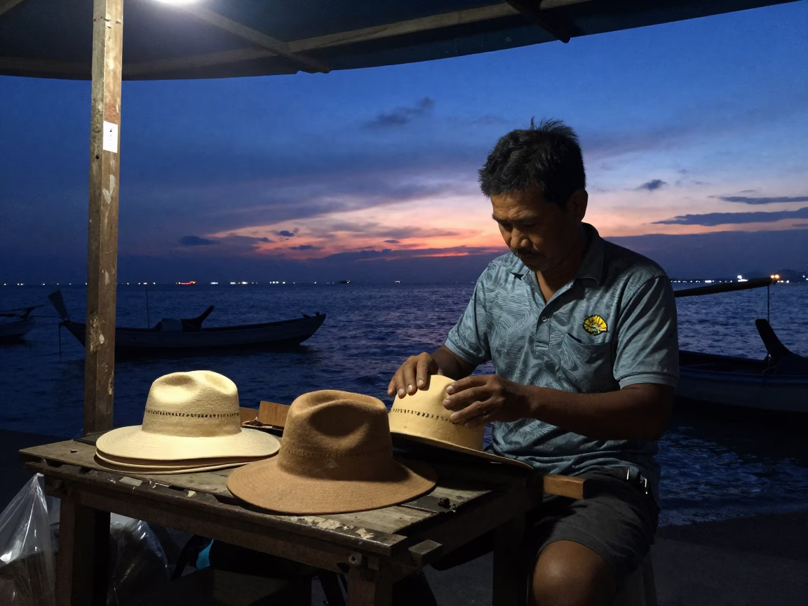Nautical Dawn in Phuket Thailand Street Scene with Hatmaker Shaping Felt in in Phuket, Thailand