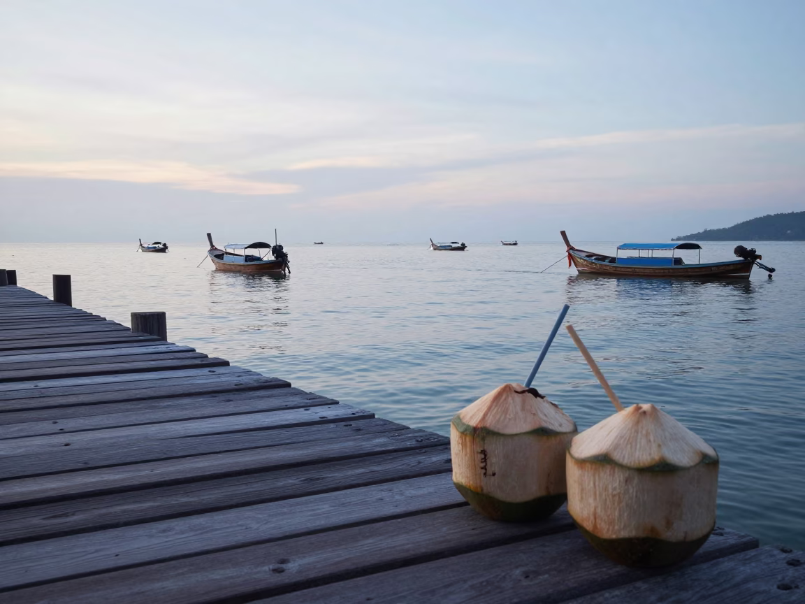 Nautical Dawn in Phuket Thailand with Coconuts on Wooden Dock in in Phuket, Thailand