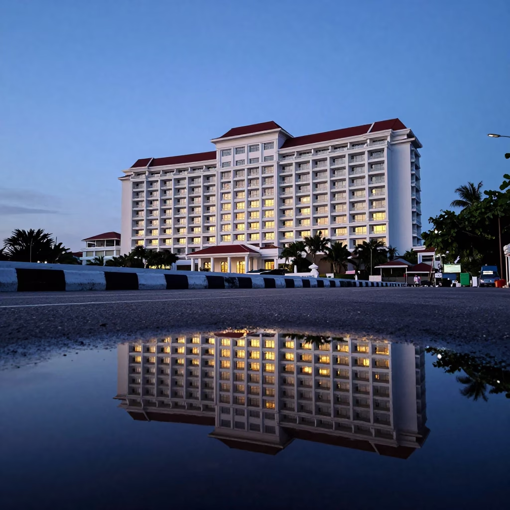 Nautical Dawn in Phuket Thailand with Puddle Reflection of Hotel Windows and Tail Lights in in Phuket, Thailand