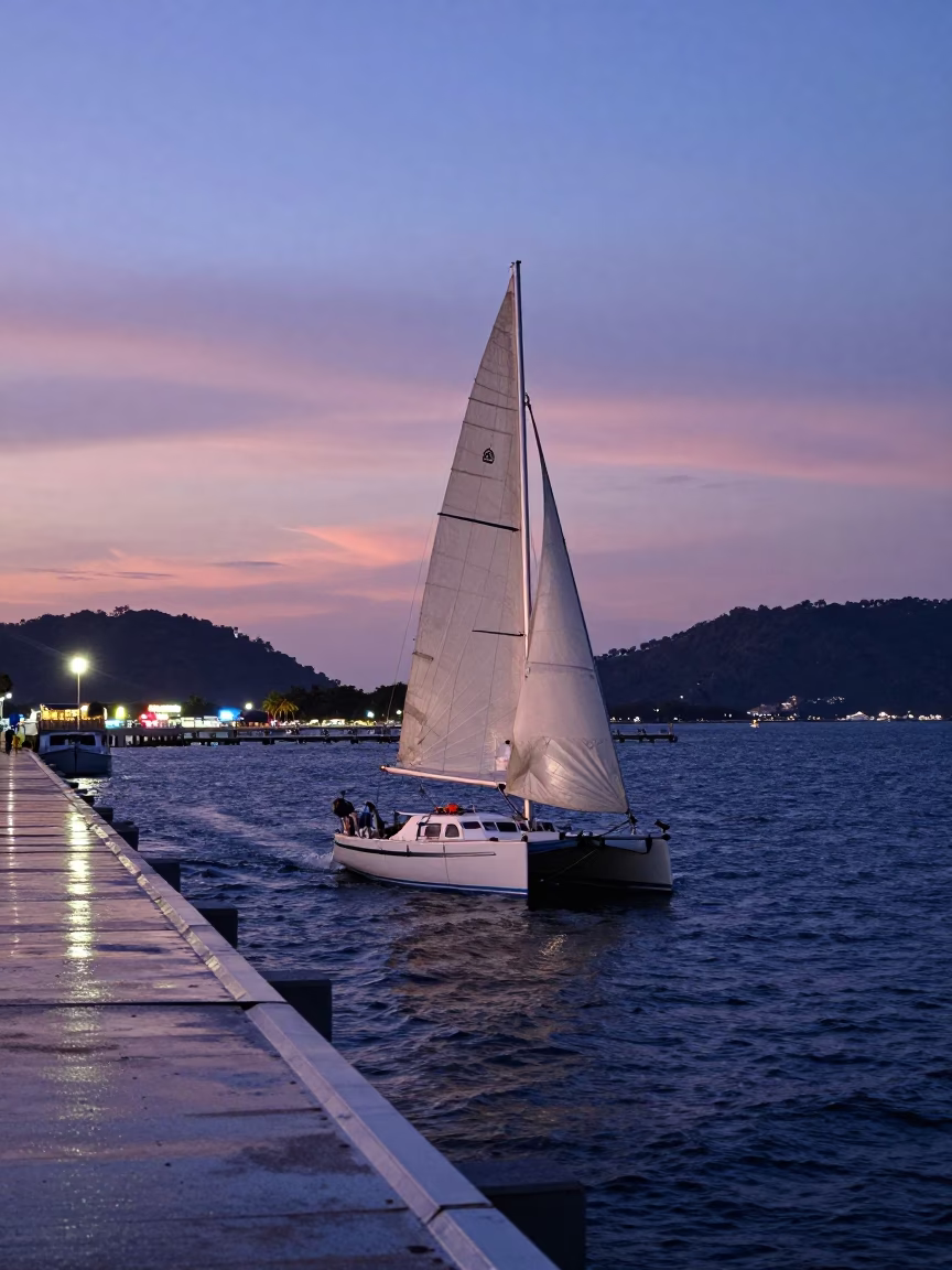 Nautical Dawn in Phuket Thailand with Sailboat and Coastal Harbor Activity in in Phuket, Thailand